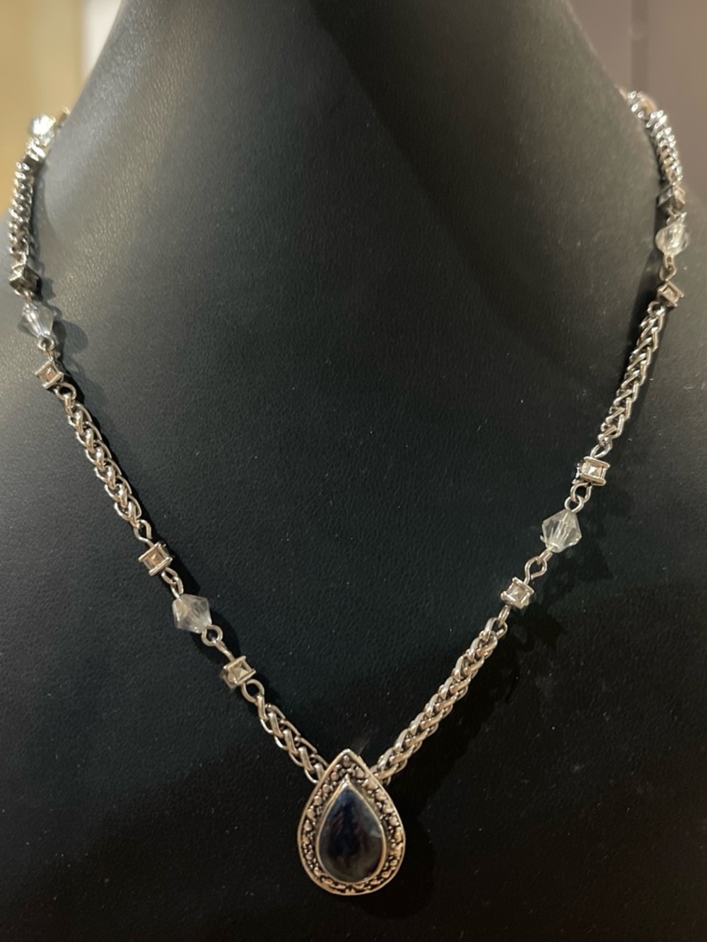 Silver Teardrop Pendant Necklace with Dark Blue Stone